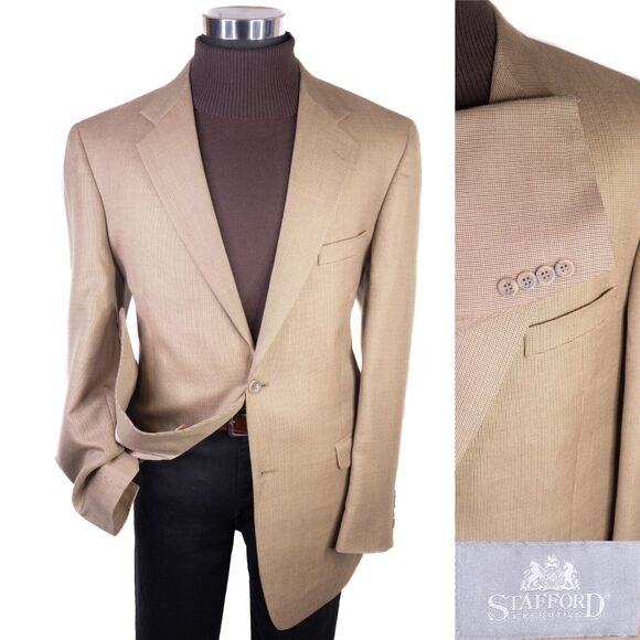 Stafford Sport Coat Blazer Mens 42L Beige Houndstooth Jacket Blazer Silk/Wool - Picture 1 of 14